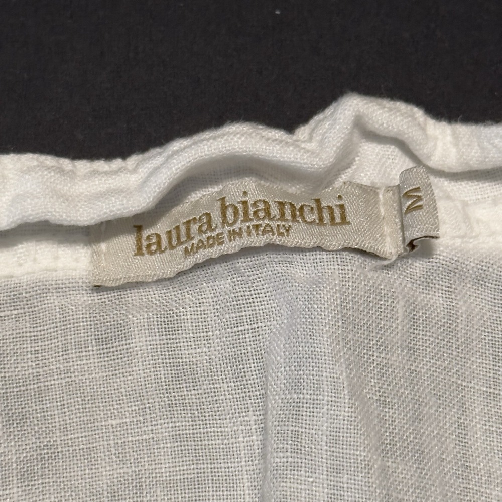 Laura Bianchi Luxury Linen Popover Tunic Med White Cover Up Shirt Italy Pom Pom - Picture 6 of 10